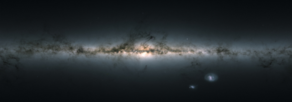 Gaia’s all-sky view of our Milky Way Galaxy and neighbouring galaxies, based on measurements of nearly 1.7 billion stars.